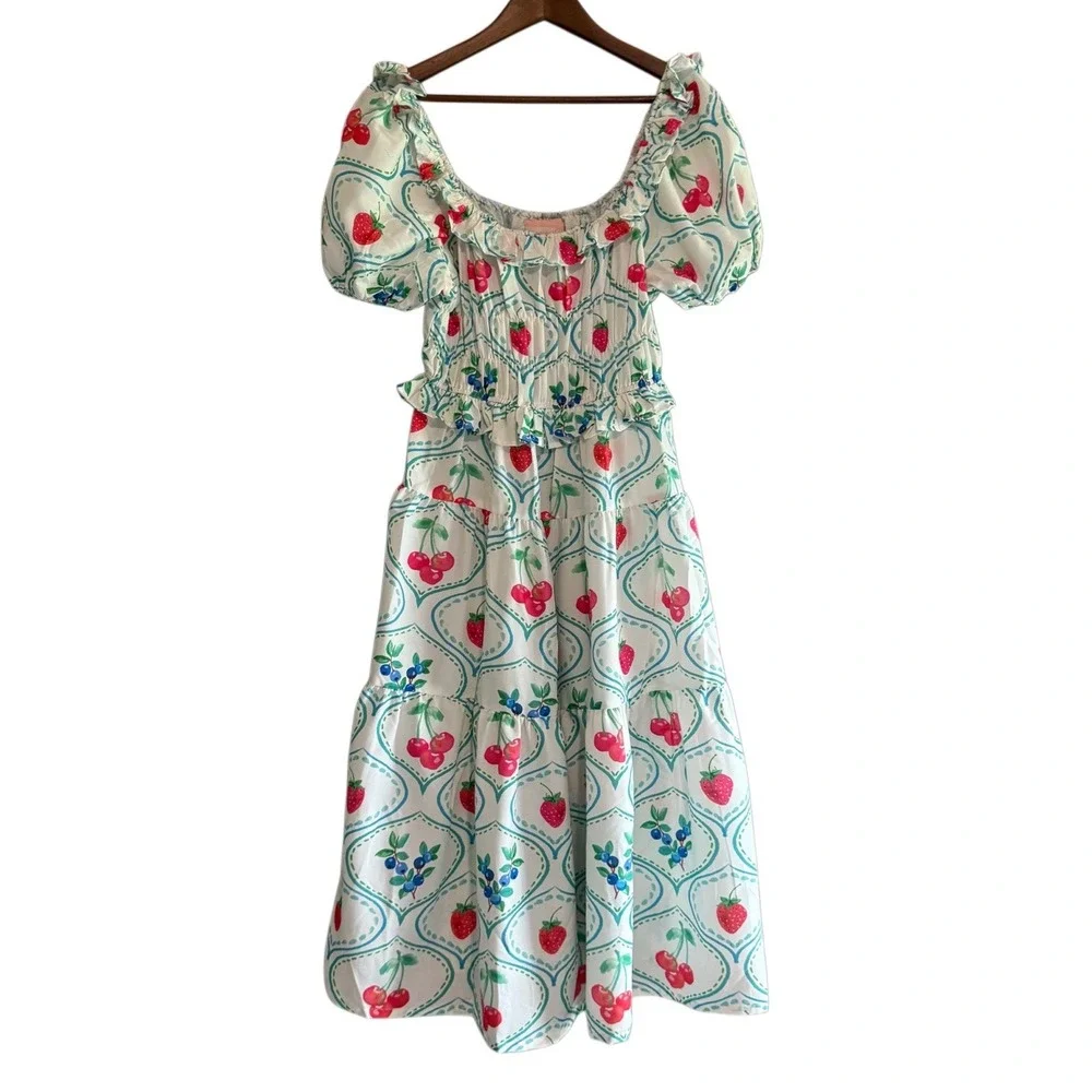 Us Together Fruit Print Maxi Dress Smocked Tiered Cherry Strawberry Blueberry Lg - Picture 2 of 15